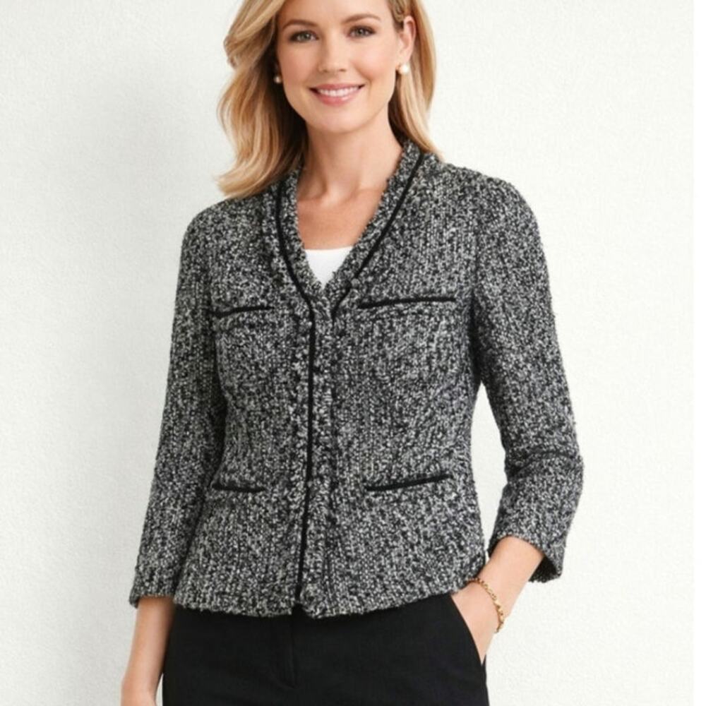 Talbots Wool Blend Tweed Jacket Black Cream Snap Buttons Pockets Sz 6P Career